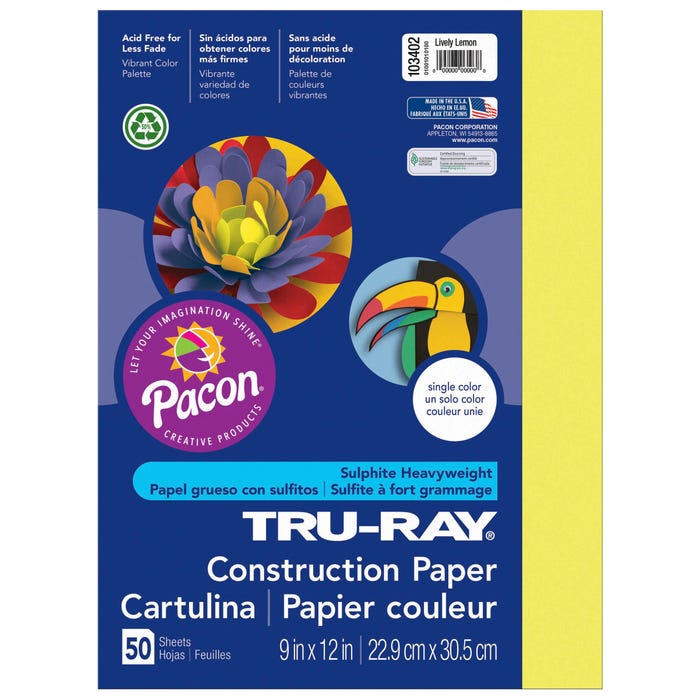 Tru-Ray Sulphite Construction Paper, 9 x 12 Inches, Lively Lemon, 50 Sheets