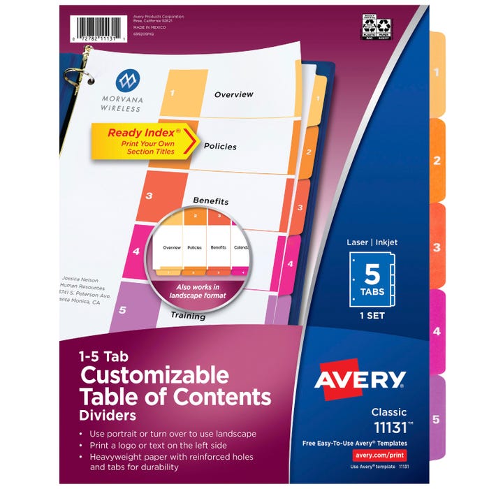Avery Ready Index Dividers, 5 Tab, 1-5, Assorted Colors, 1 Set