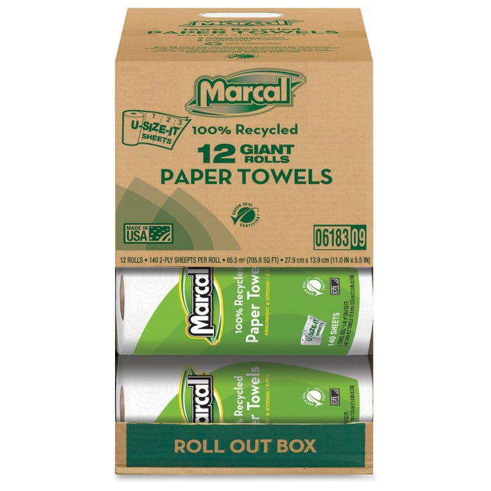 Marcal Recycled U-Size-It Roll Towel - 140 Sheets, 2-Ply, Paper, White, Pack of 12