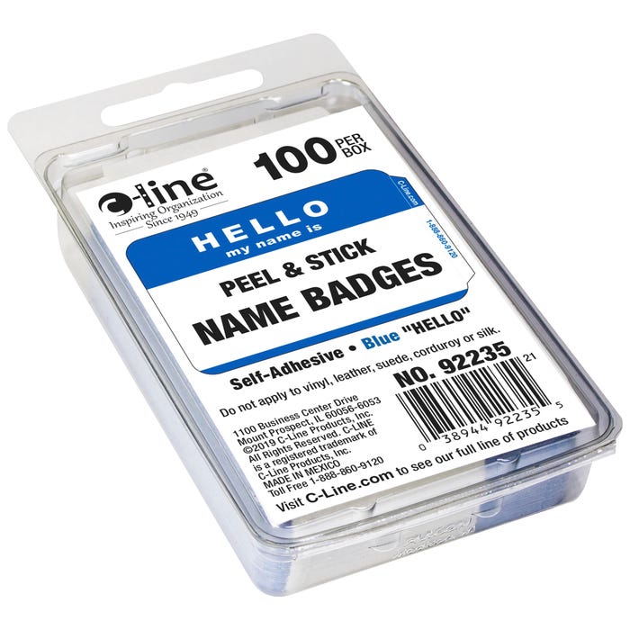 C-Line Hello, My Name Is Adhesive Name Badges, 2-1/4 x 3-1/2 Inches, Blue Border, Pack of 100