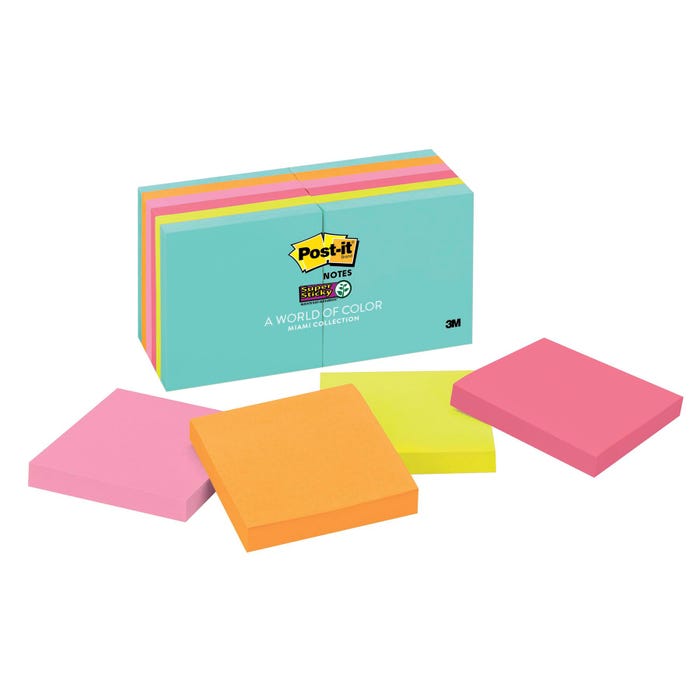 Post-it Super Sticky Note, 3 x 3 Inches, Miami Colors, 12 Pads with 90 Sheets