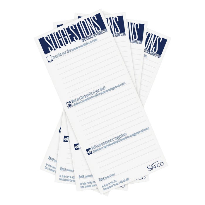 Safco Suggestion Box Card Refills, White, Case of 60