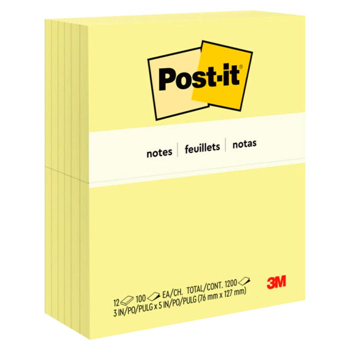 Post-it Original Plain Notes, 3 x 5 Inches, Canary Yellow, Pack of 12