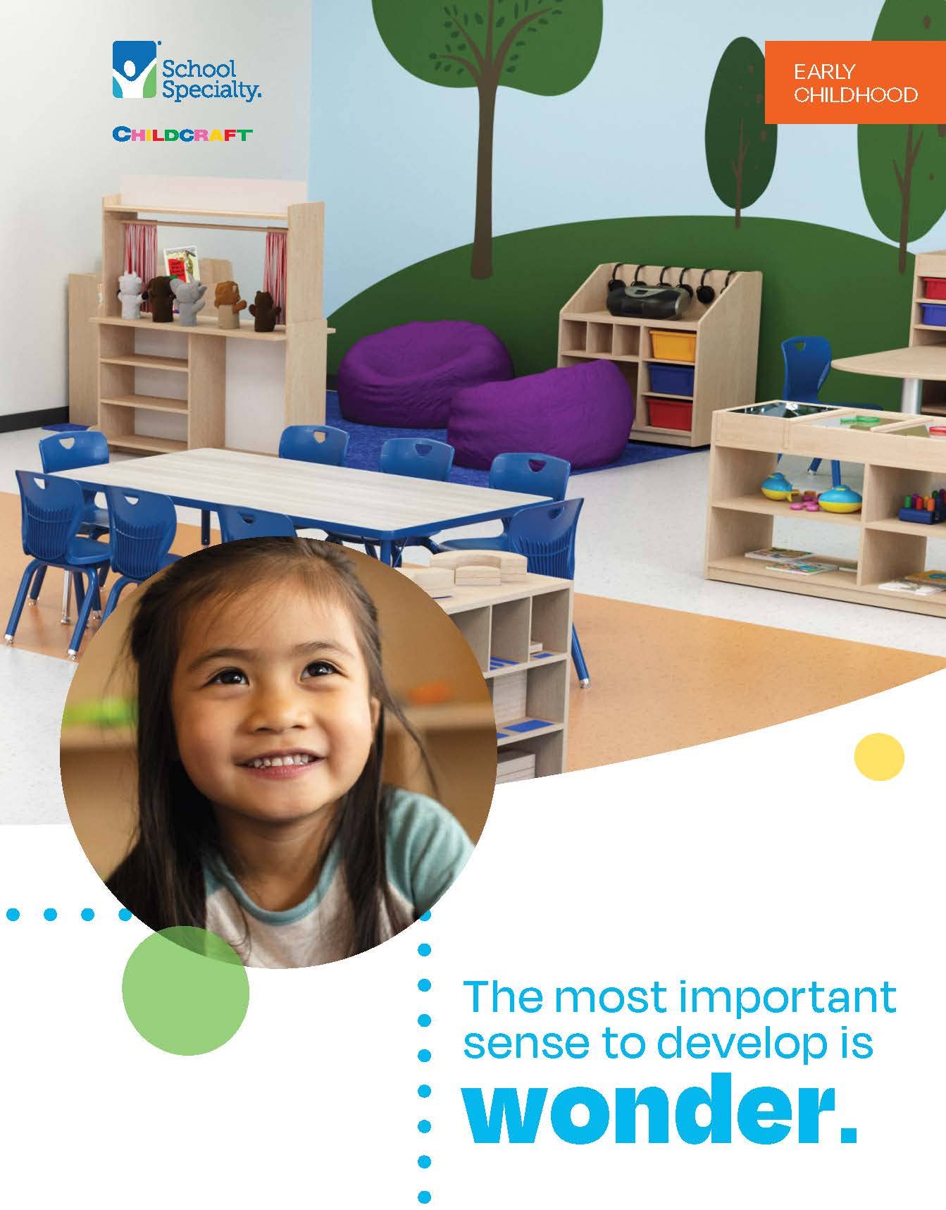 School Specialty Childcraft brochure cover featuring smiling girl in early childhood classroom setting.