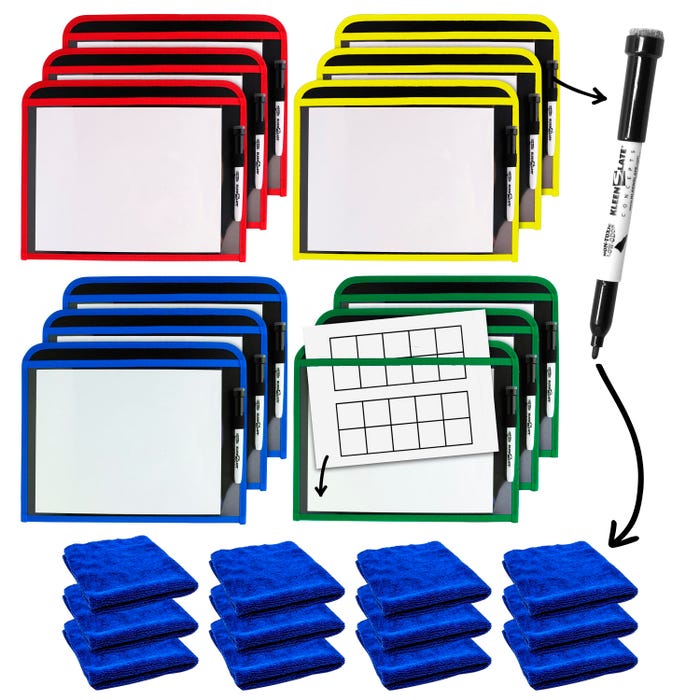 KleenSlate Dry Erase Pockets with Microfiber Cleaning Cloths and Black Markers, Assorted Colors, Set of 12