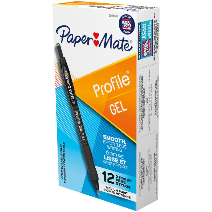 Paper Mate Profile Retractable Gel Pens, Medium Point, 0.7 mm, Black, Pack of 12