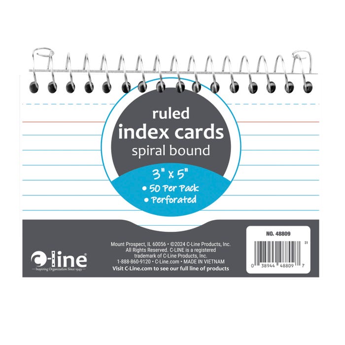 C-Line Spiral Bound Index Card Notebook, Ruled, 3 x 5 Inches, White, 50 Cards
