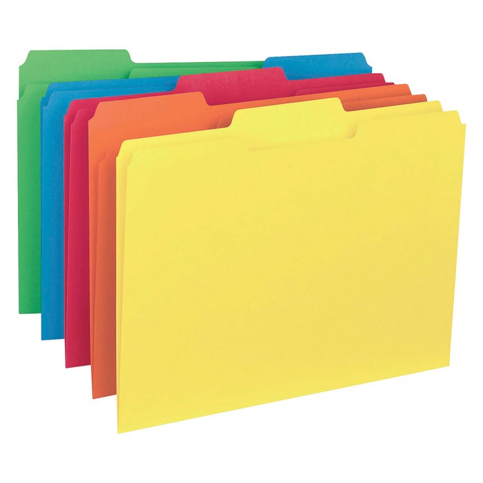 Business Source Interior File Folder, Letter Size, 1/3 Cut Tabs, Assorted Colors, Set of 100