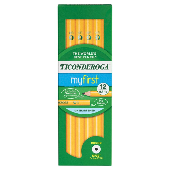 Ticonderoga My First Wood-Cased Pencils, No 2 HB, Unsharpened, Without Erasers, Yellow, Pack of 12