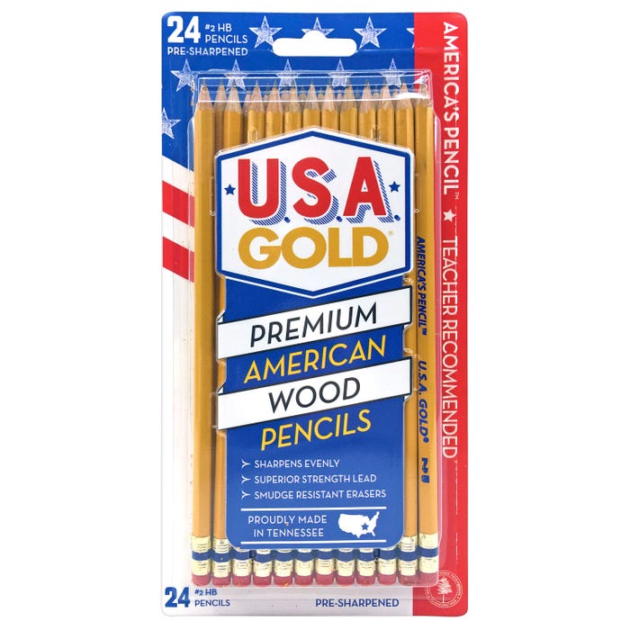 USA Gold Woodcase Pencils, No 2, Pre-Sharpened, Pack of 24