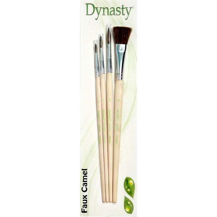 Dynasty Faux Camel Hair Brush Set 3, Assorted Brush Types, Short Handle, Assorted Sizes, Set of 4