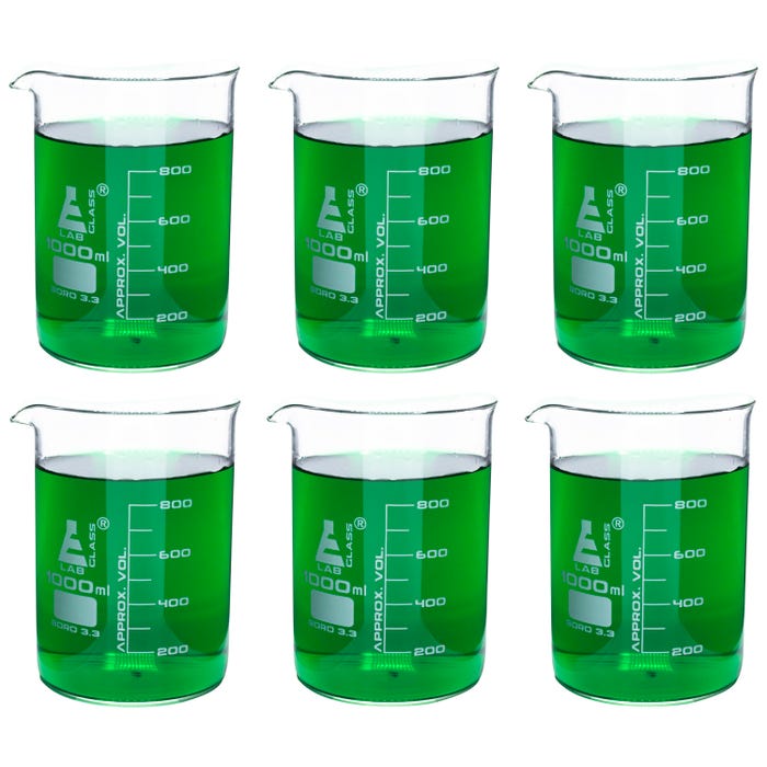 Eisco 1000mL Borosilicate Glass Beakers with Spout, Low Form, Pack of 6
