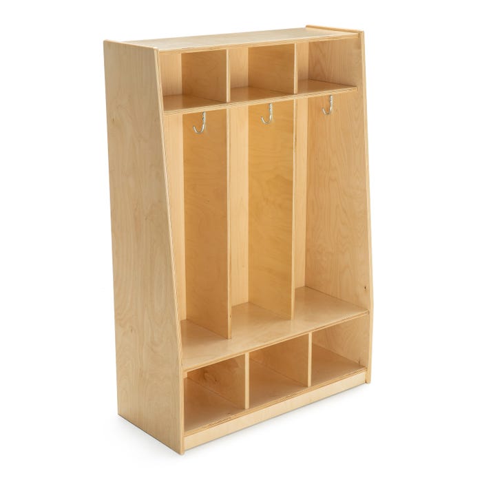 Childcraft Bench Coat Locker, 3 Sections, Wooden, 32-1/2 x 14-1/4 x 48 Inches