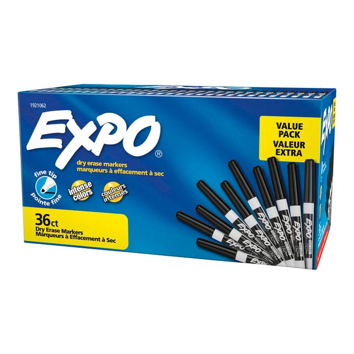 EXPO Low Odor Dry Erase Markers, Fine Tip, Black, Pack of 36