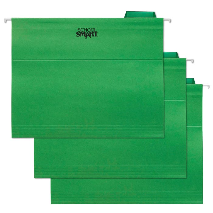 School Smart Hanging File Folders, Letter Size, 1/5 Cut Tabs, Bright Green, Pack of 25