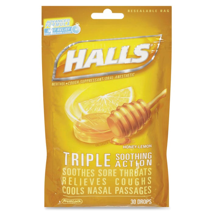 Halls Honey-Lemon Cough Drops, 30 Pcs, Pack of 12