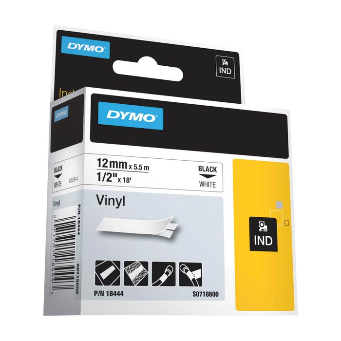 Dymo Rhino Industrial Vinyl Label Tape, 1/2 Inch x 18 Feet, Black on White