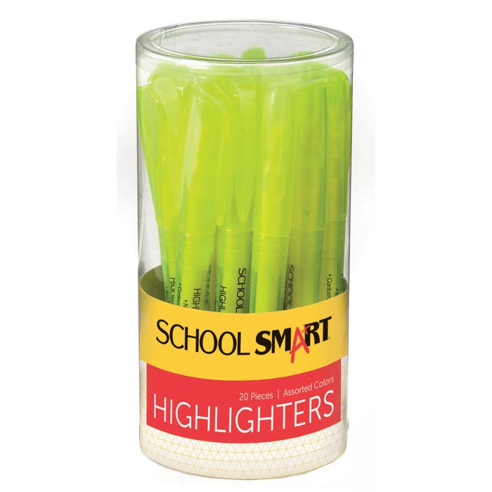 School Smart Pen Style Highlighters, Chisel Tip, Yellow, Pack of 20