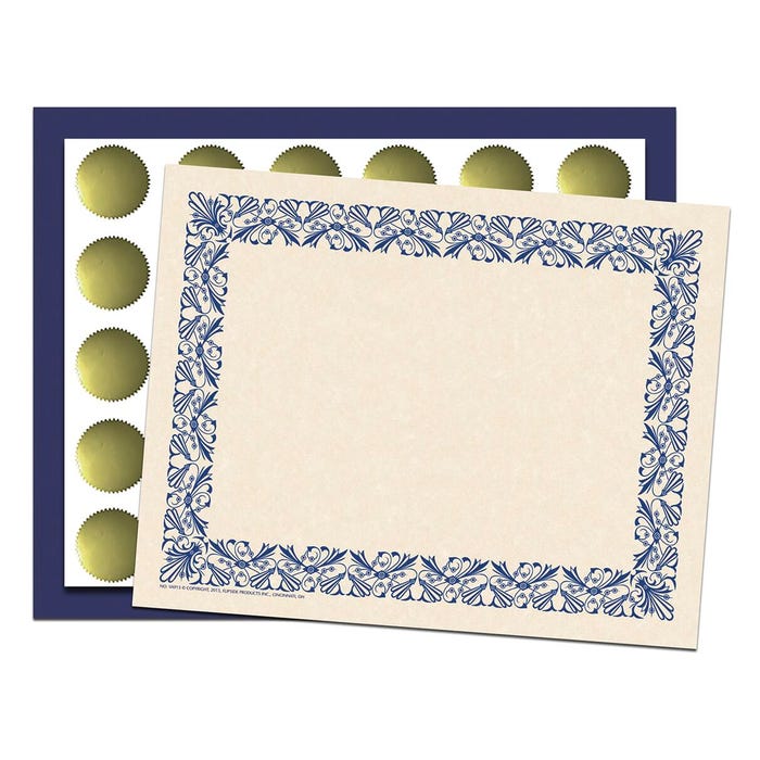 Haye's Art Deco Certificate Set with 50 Bordered Papers, 30 Folder and 30 Seals, Blue
