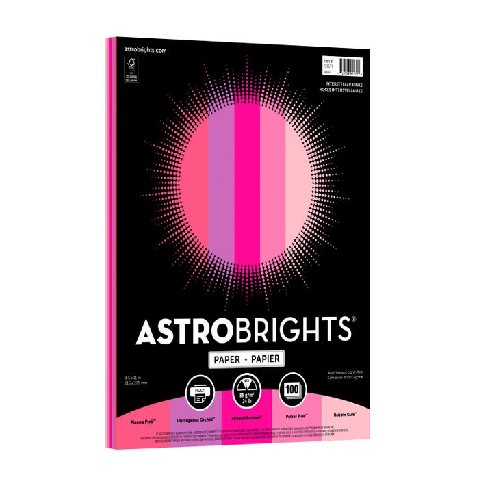 Astrobrights Colored Paper, 8-1/2 x 11 Inches, 24 Lbs., Interstellar Pinks Assortment, 100 Sheets