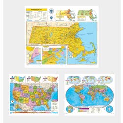 Social Studies MASSACHUSETTS/U.S./WORLD MAP COMBO, Markable, Erasable, Grades 4-12, Item Number 1566310