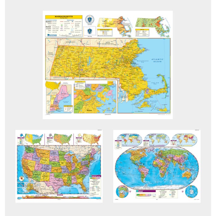 Social Studies MASSACHUSETTS/U.S./WORLD MAP COMBO, Markable, Erasable, Grades 4-12