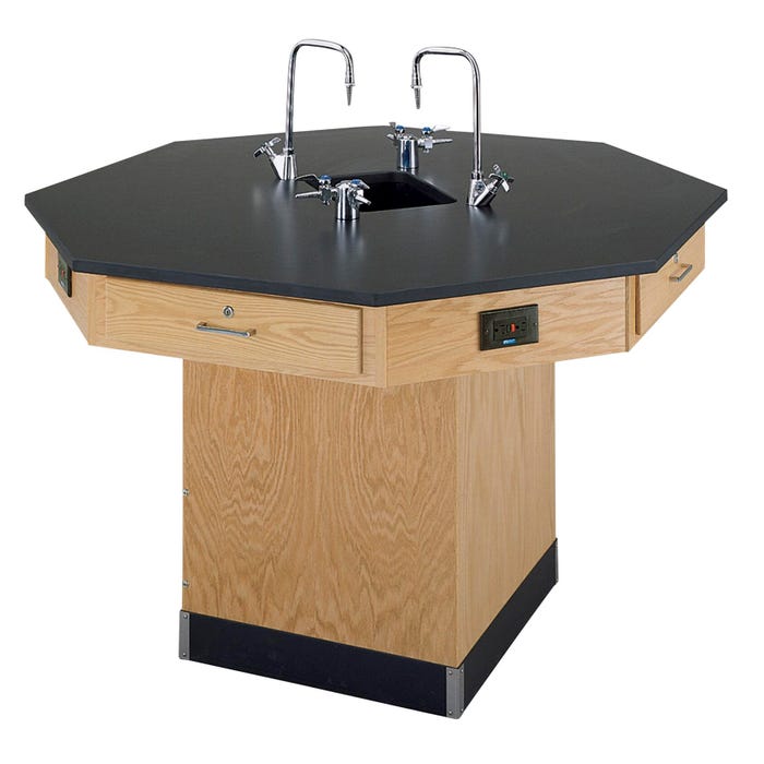 Diversified Woodcrafts Octagon Workstation with Sink and Pedestal Base, 54 Inches Wide, Epoxy Resin Top