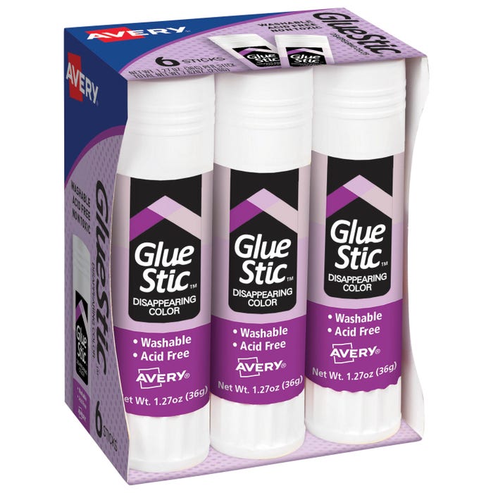 Avery Permanent Glue Stic, Disappearing Purple, 1.27 Ounces, Pack of 6