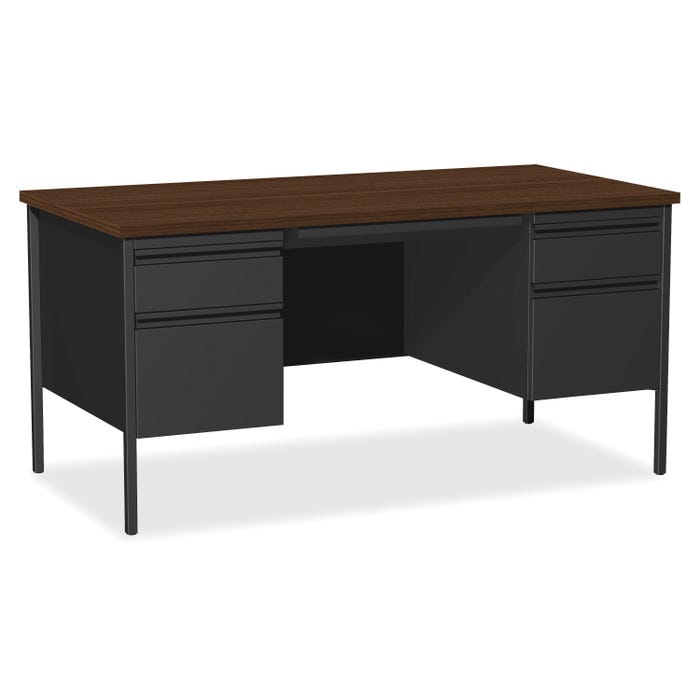 Lorell Walnut Laminate Fortress Series, Double Pedestal Desk, 60 x 30 x 29-1/2 Inches, Walnut/Black