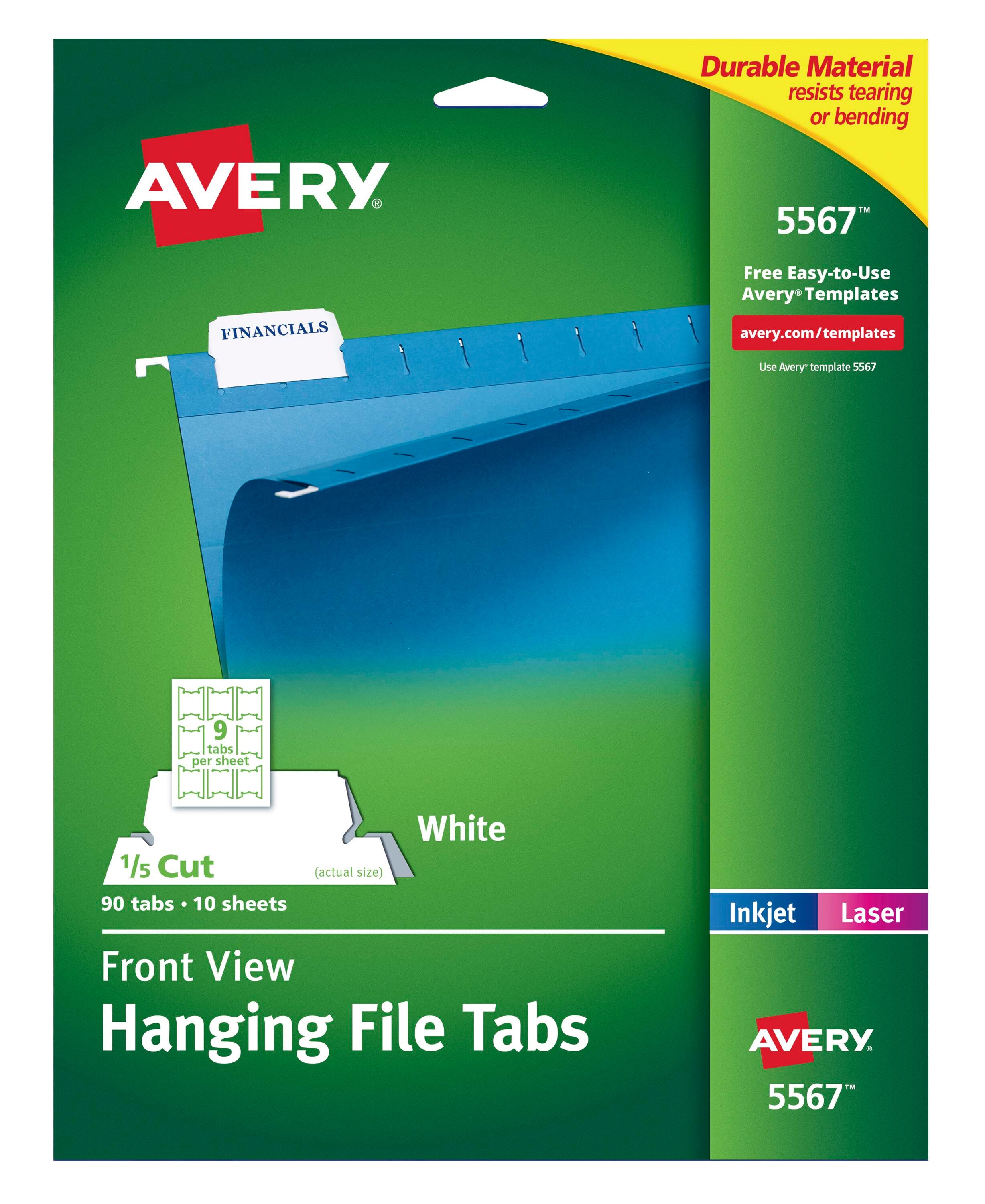 Avery Printable Hanging File Tabs, Letter Size, 1/5 Cut Tabs, White, Pack of 90 1098408