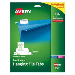 Avery Printable Hanging File Tabs, Letter Size, 1/5 Cut Tabs, White, Pack of 90, Item Number 1098408