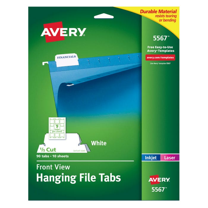 Avery Printable Hanging File Tabs, Letter Size, 1/5 Cut Tabs, White, Pack of 90