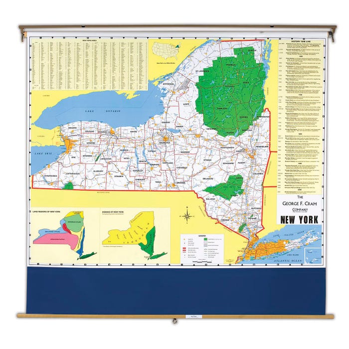 Nystrom New York Pull Down Roller Classroom Map, 64 x 50 Inches