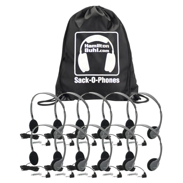 Hamilton Buhl Sack-O-Phones Headphones with Carry Bag, Gray, Pack of 10