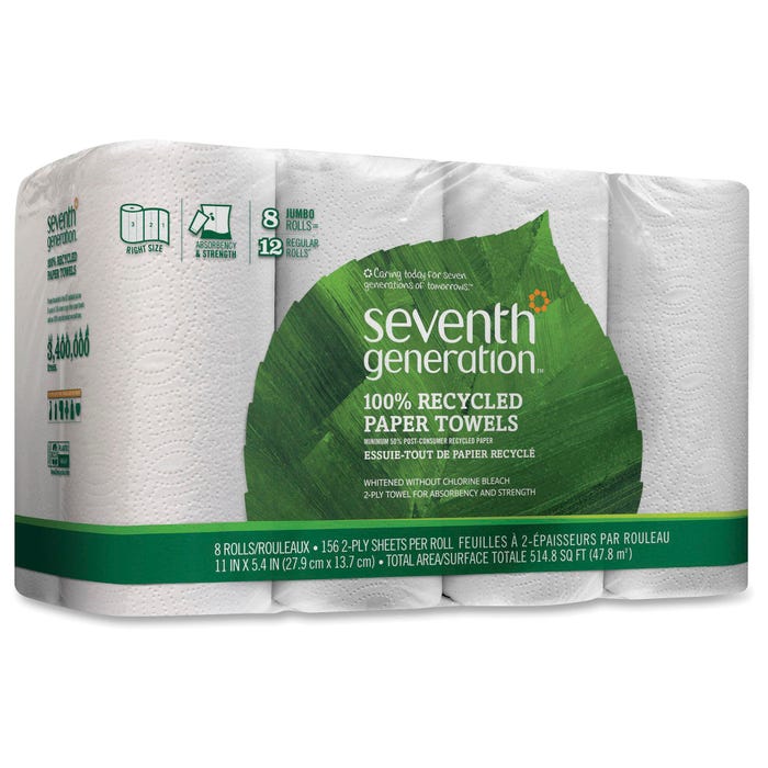 Seventh Generation Jumbo Rolls Recycled Paper Towels, 2-Ply, White, Pack of 8