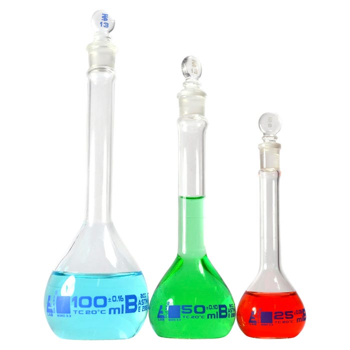 Eisco Labs Volumetric Flask Set, Glass with Glass Stopper, Class B, Set of 3