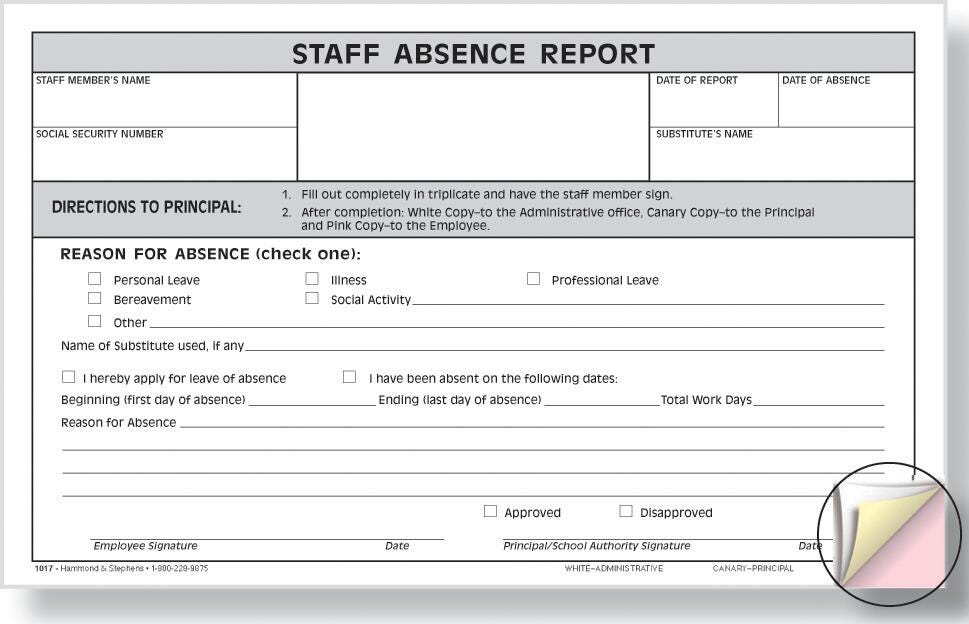 Hammond & Stephens 1017 3-Part Carbonless Staff Absence Report Form, 5 x 8 Inches, White, Canary, Pink, Pack of 100