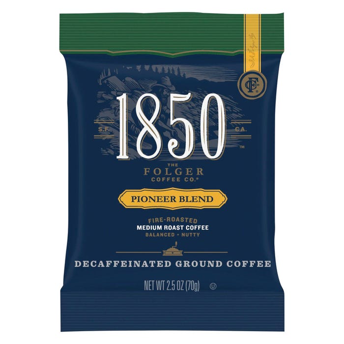Folgers 1850 Pioneer Blend Decaf Ground Coffee Pouches, 2.5 Ounces, Pack of 24