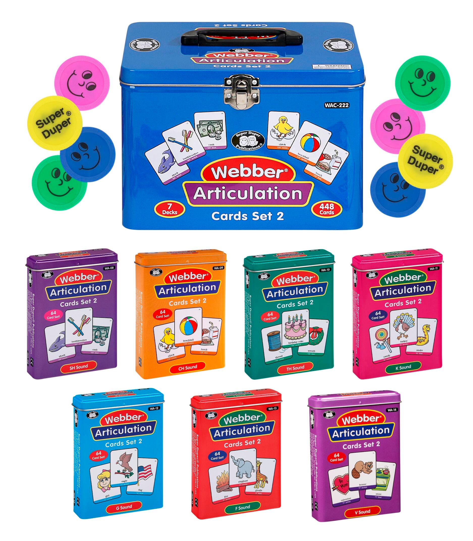 Super Duper Webber Articulation Cards with Illustrations, Set 2 for SH, CH, TH, F, V, K, and G, Item Number 2040859