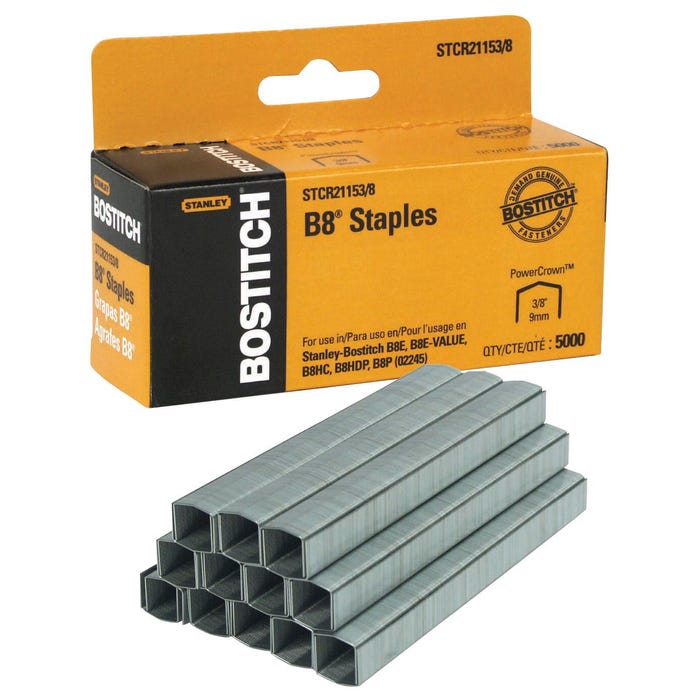 Bostitch B8 PowerCrown Staples, 3/8 Inch, Box of 5000