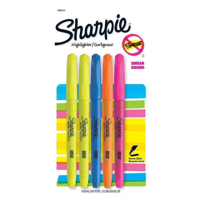 Sharpie Pocket Style Highlighters, Chisel Tip, Assorted Colors, Set of 5