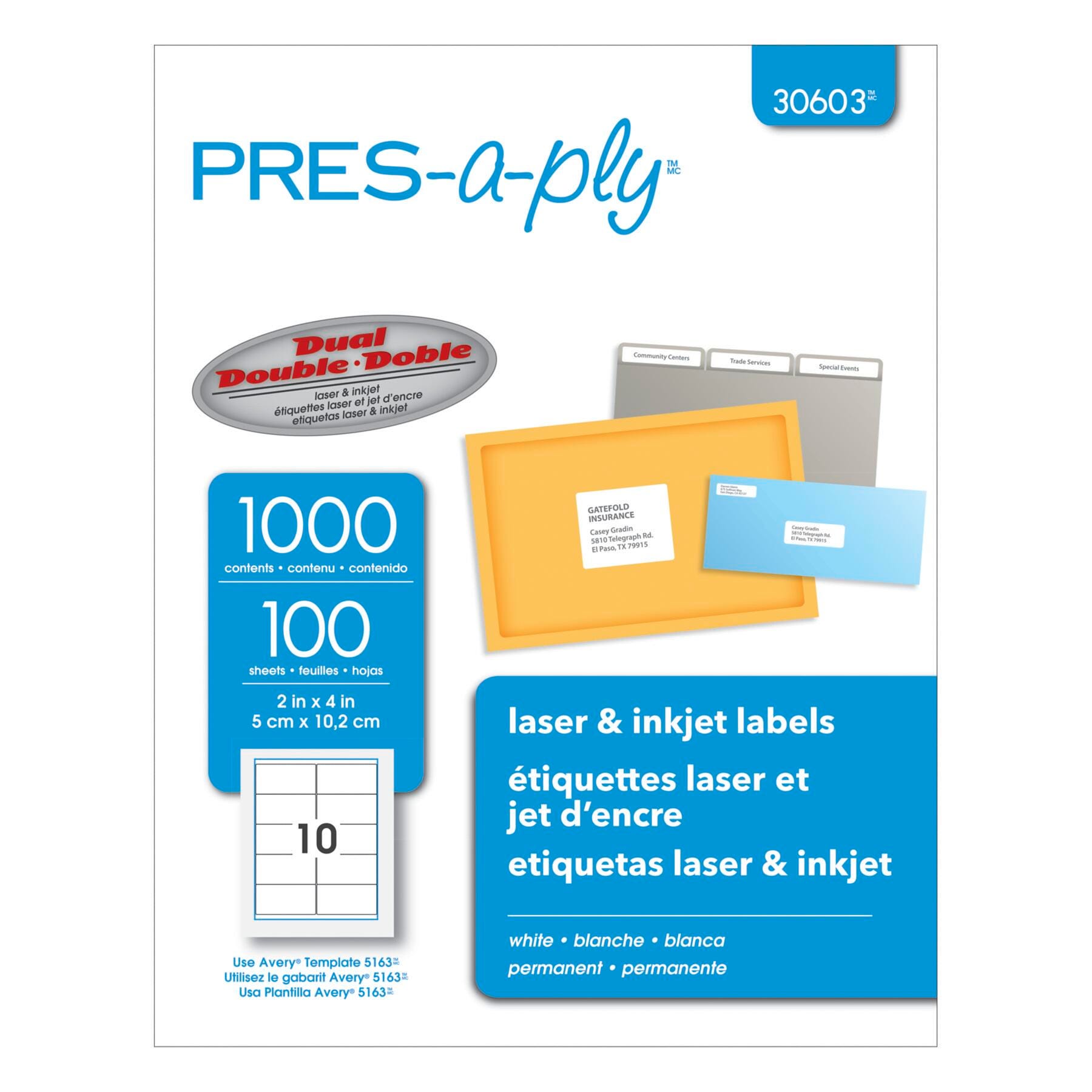 Pres-a-ply Laser/Inkjet Labels, 2 x 4 Inches, Pack of 1000 1502917