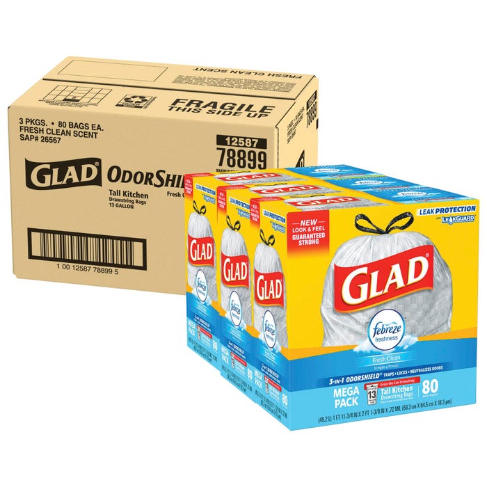 Glad ForceFlex Drawstring Tall Trash Bags, 13 Gallon, Fresh Clean Scent, White, 80 Count, Case of 3