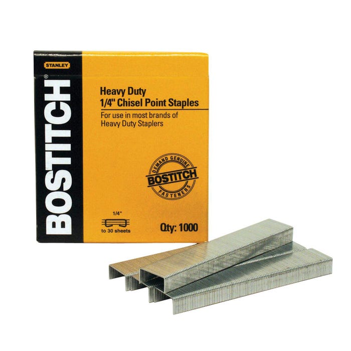 Stanley Bostitch Heavy Duty Staple, 1/4 Inch Leg, 25 Sheets, Metal, Pack of 1000