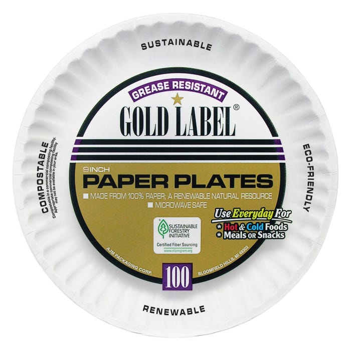 AJM Gold Label Paper Plates, 9 Inches, Pack of 100, White