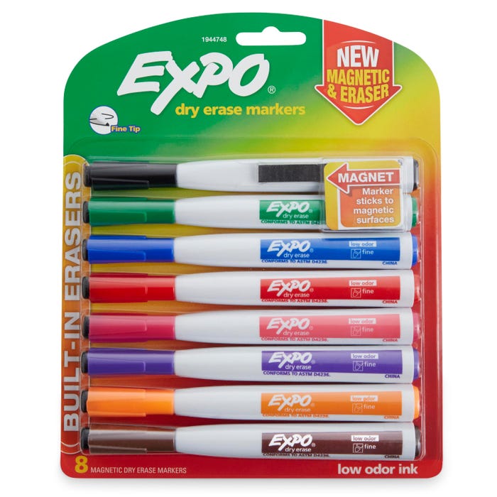 EXPO Magnetic Dry Erase Markers with Erasers, Fine Tip, Assorted Colors, Set of 8