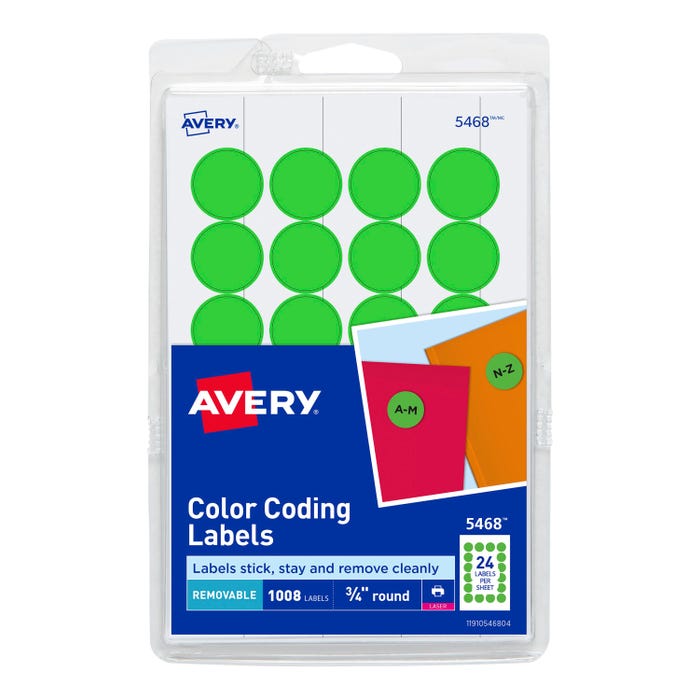 Avery Printable Color Coding Labels, 3/4 Inch Diameter, Neon Green, Pack of 1008