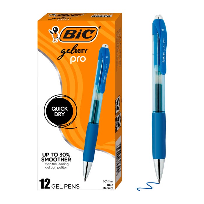 BIC Gel-ocity Pro Gel Pens, 0.7 mm, Medium Point, Blue, Pack of 12
