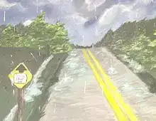 Acrylic painting of a rainy road.