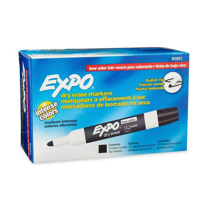 EXPO Low Odor Dry Erase Markers, Bullet Tip, Black, Pack of 12